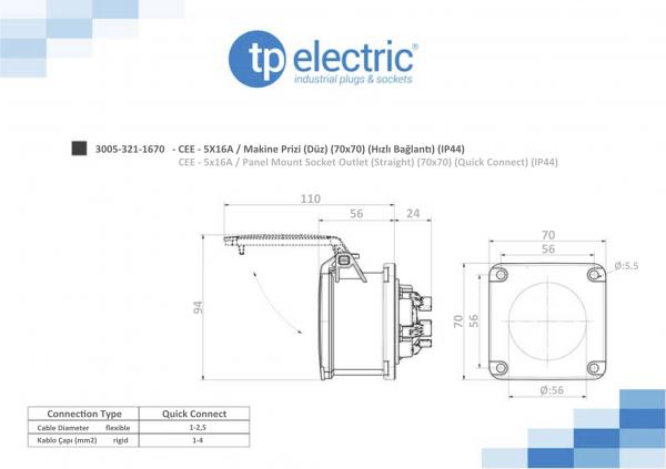 CEE Anbausteckdose 70mm mit QuickConnect 5P 16A 6h IP44